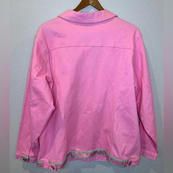 Quacker Factory Pink Jean Jacket with Green Accents - Picture 2 of 2